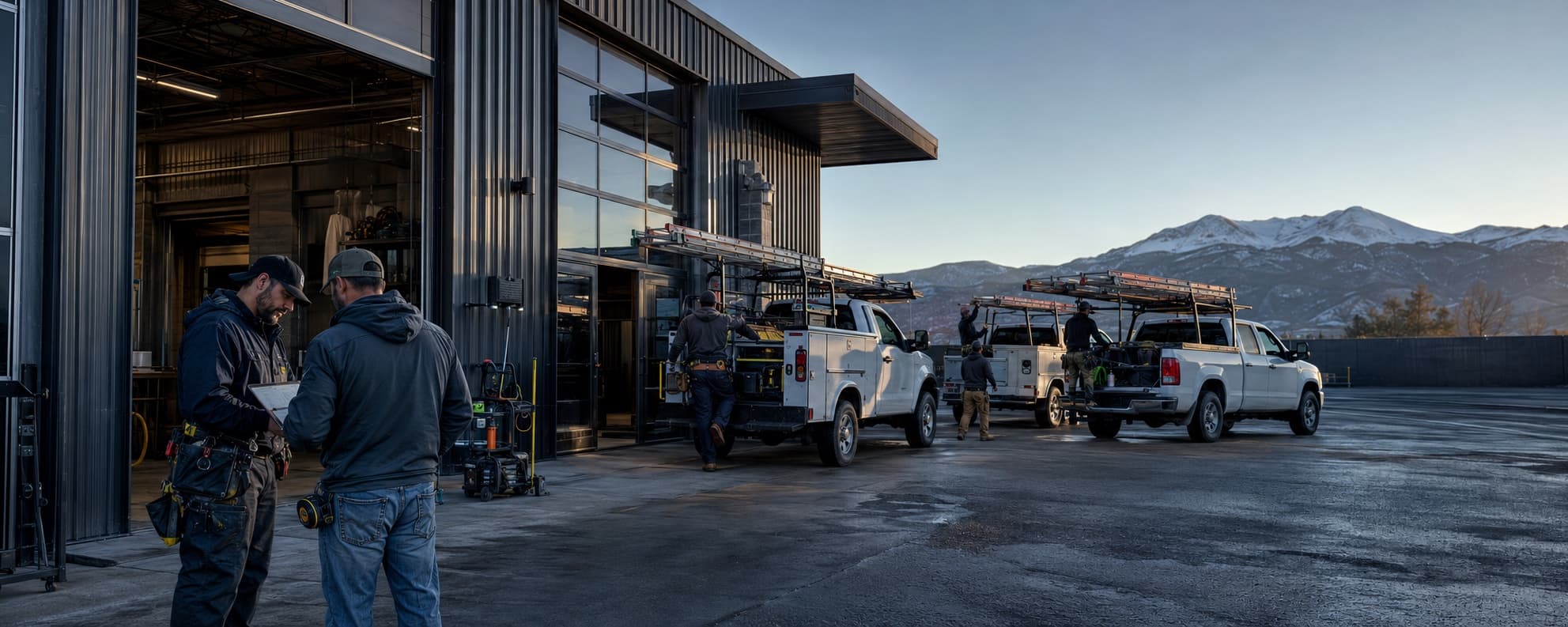 Forgewell shop and service trucks at dusk in Pueblo, Colorado